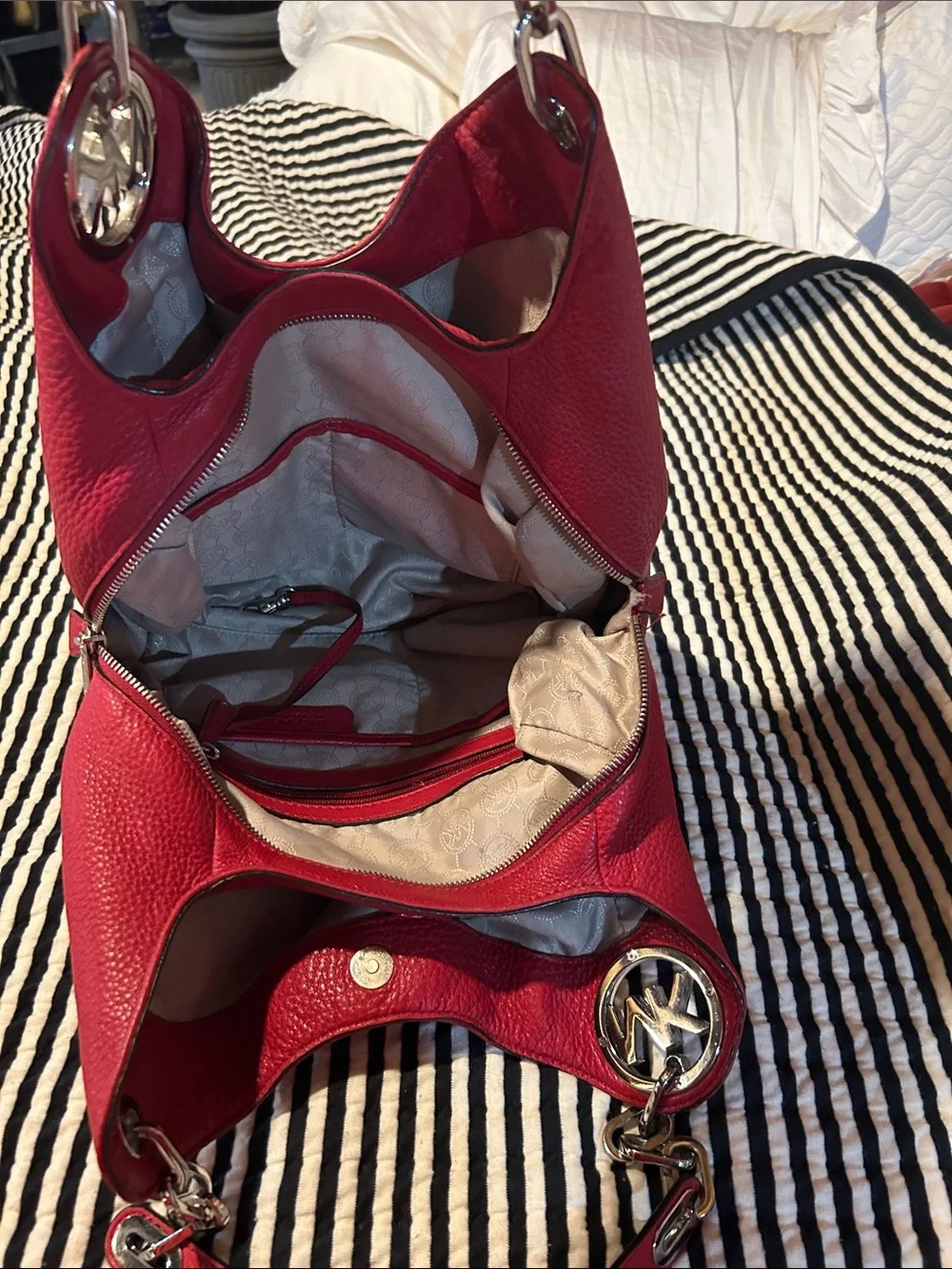 Michael Kors Pink-Red Pebbled Leather Shoulder Bag with Silver Hardware
